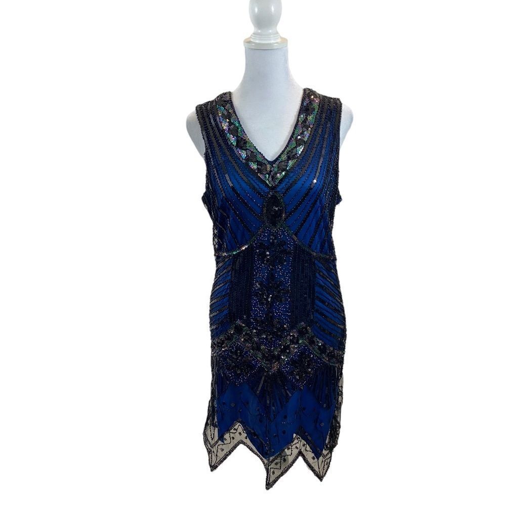 Blue and Black Sequin‎ V Neck Knee Length Dress Flapper Style Size Medium - Picture 2 of 15
